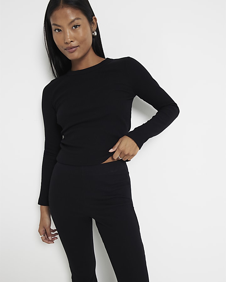 Petite Black Long sleeve Ribbed T-shirt