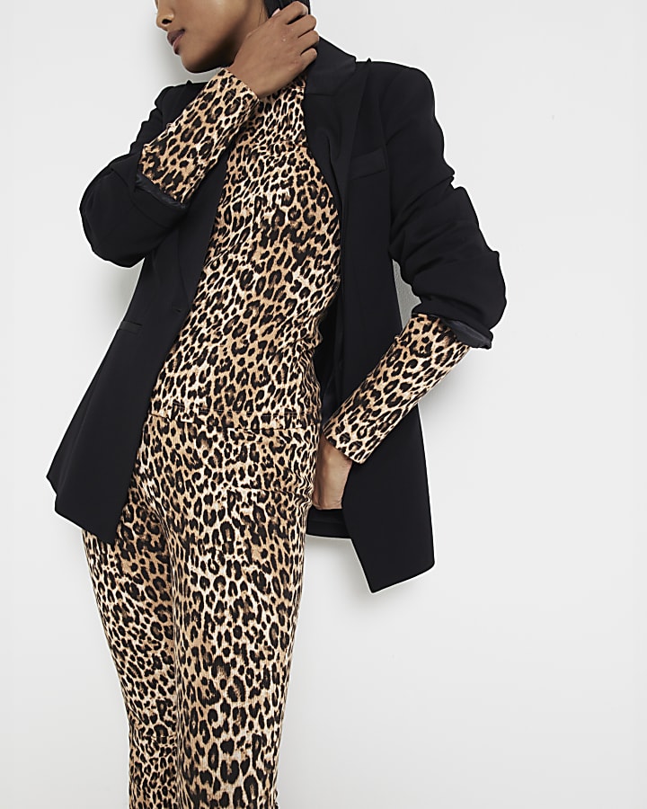 Petite Brown Leopard Ribbed Long Sleeve Top