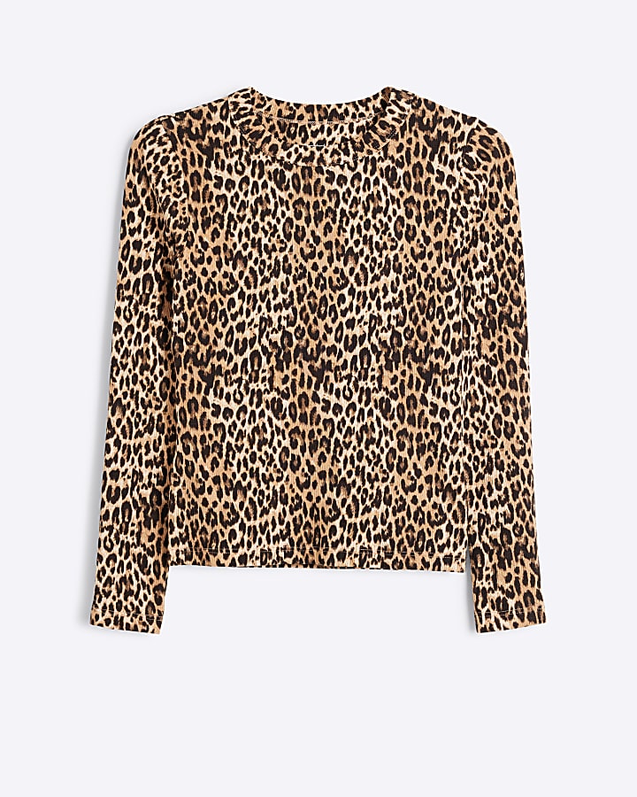 Petite Brown Leopard Ribbed Long Sleeve Top