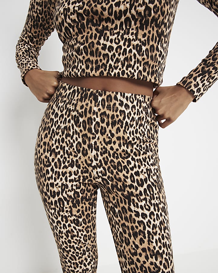 Petite Brown Leopard Ribbed Flare Leggings