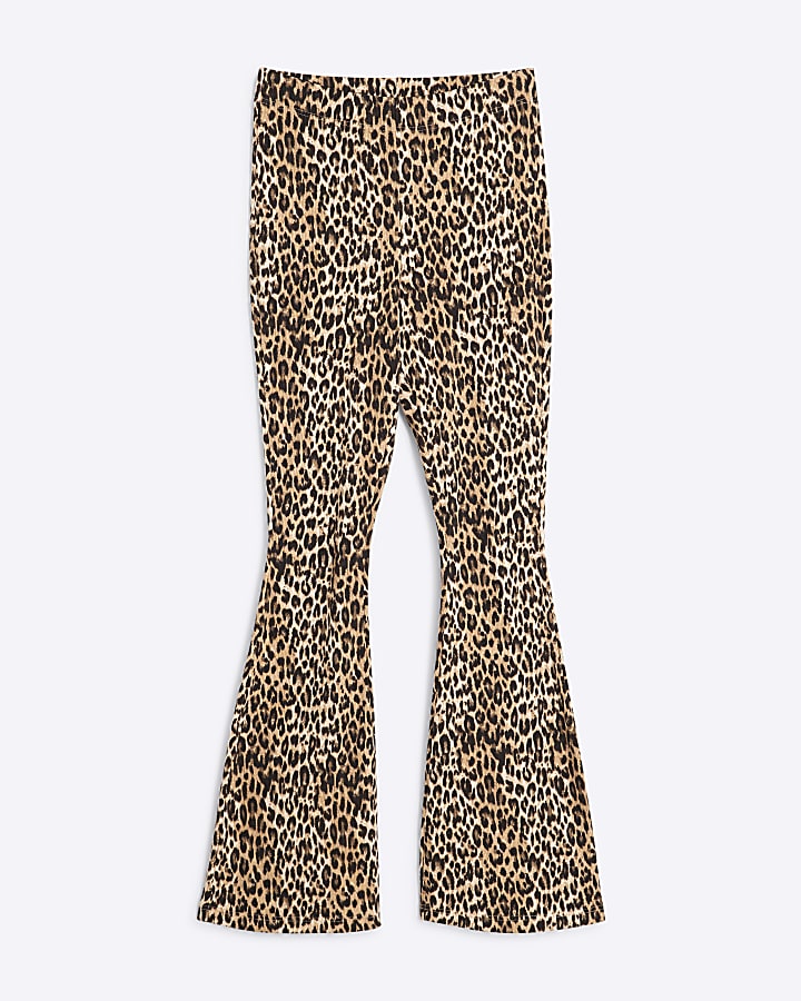 Petite Brown Leopard Ribbed Flare Leggings