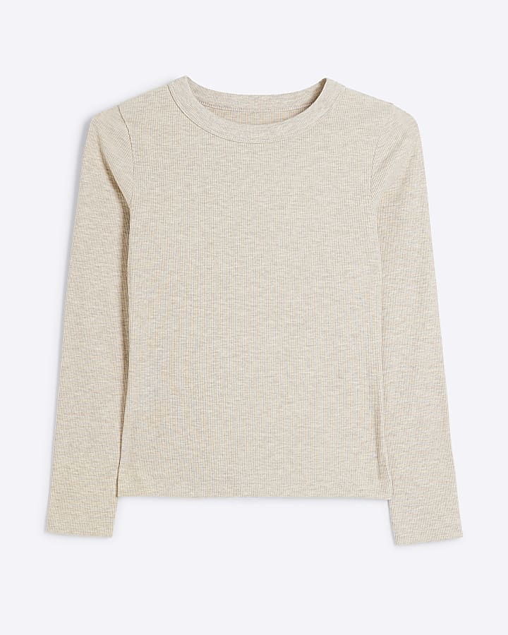 Petite Beige ribbed long sleeve t-shirt