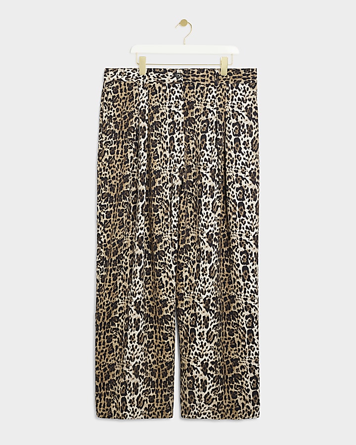 Plus brown leopard print wide leg trousers