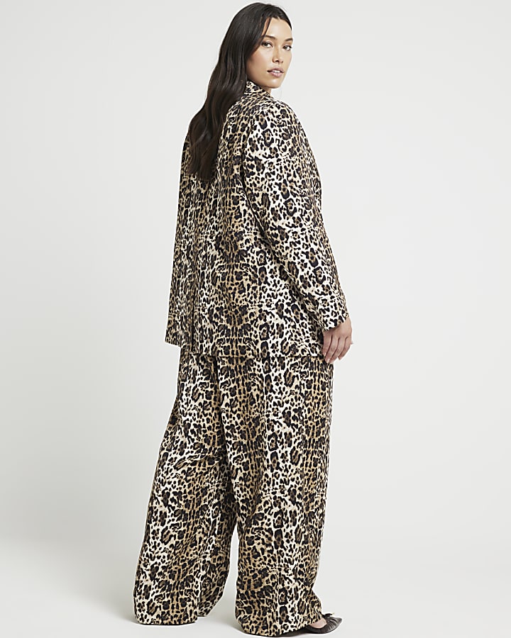 Plus brown leopard print wide leg trousers