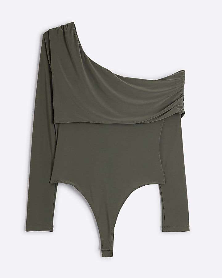 Khaki ruched off shoulder bodysuit