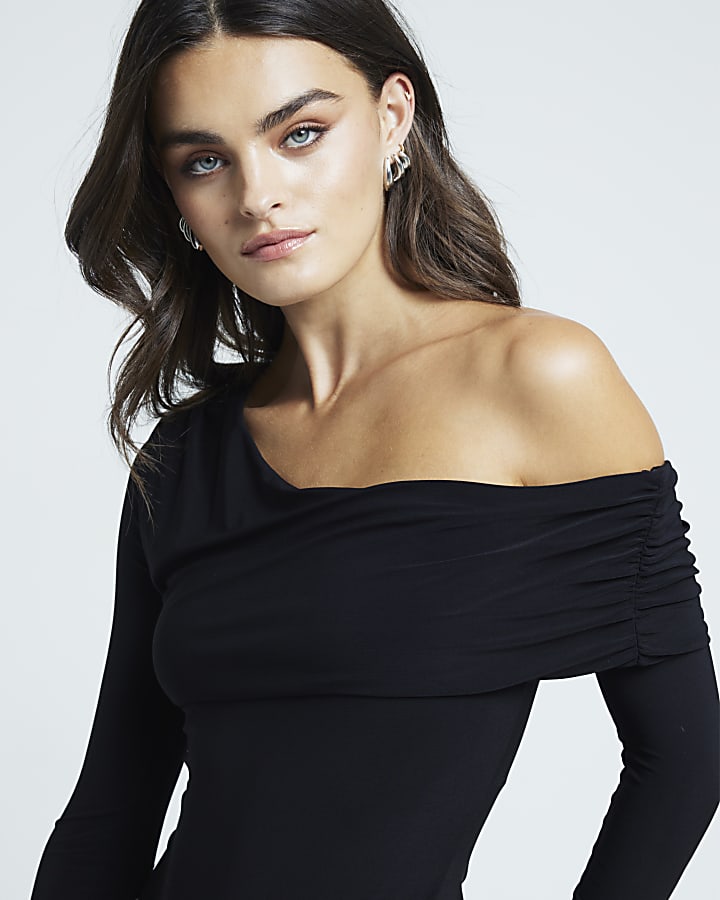 Black ruched off shoulder bodysuit