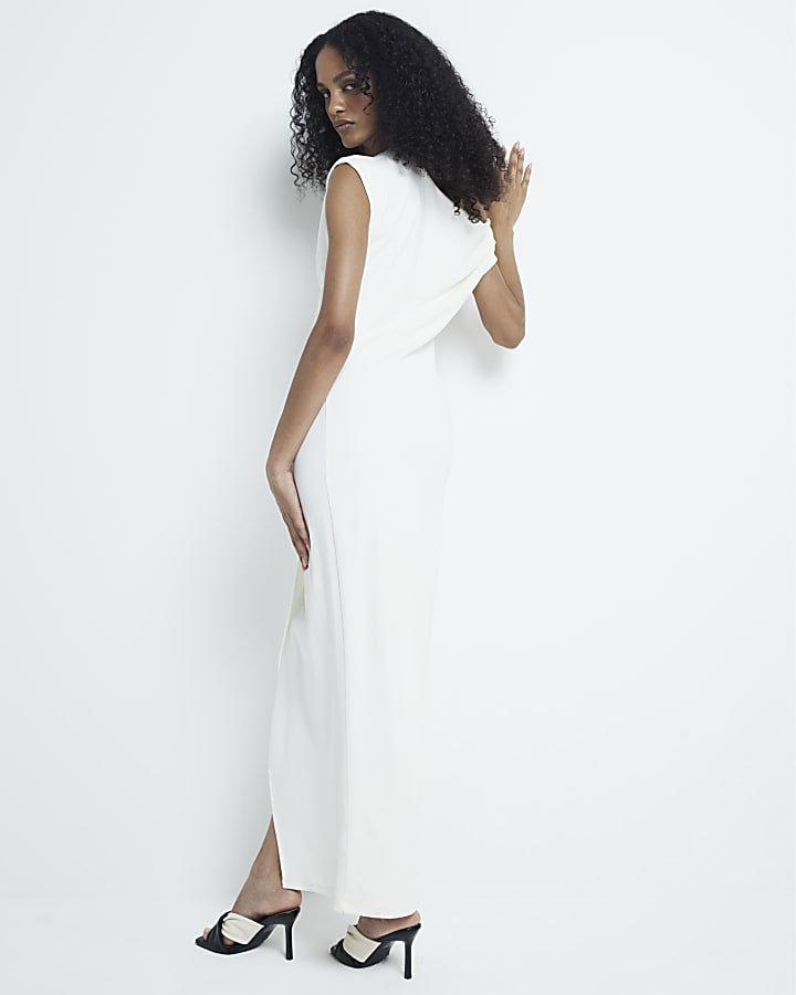 Cream drape off shoulder bodycon maxi dress