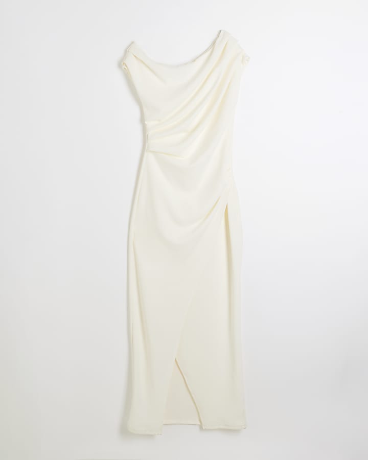 Cream drape off shoulder bodycon maxi dress