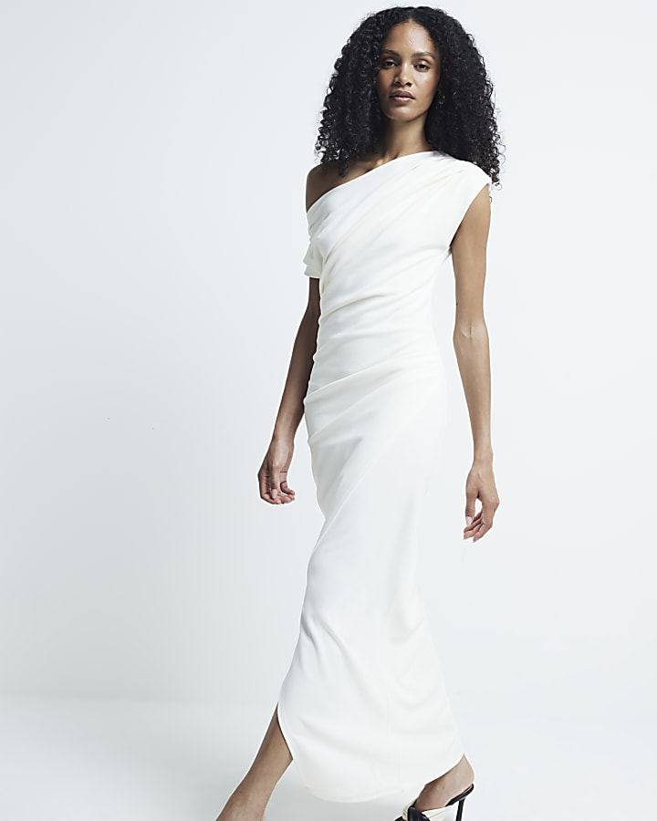 Cream drape off shoulder bodycon maxi dress