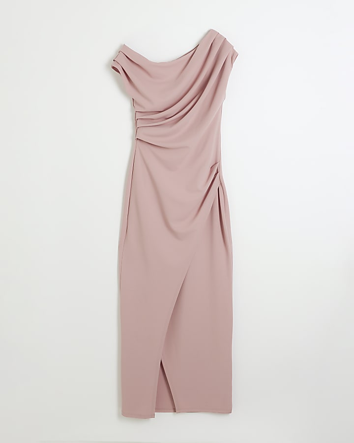 Pink drape off shoulder bodycon maxi dress