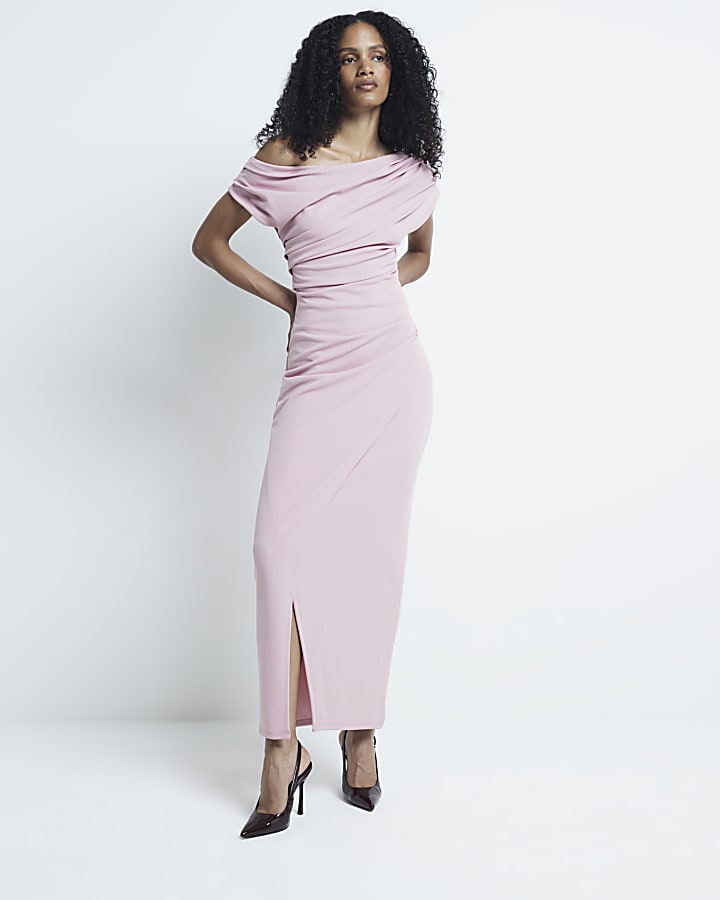 Pink drape off shoulder bodycon maxi dress River Island