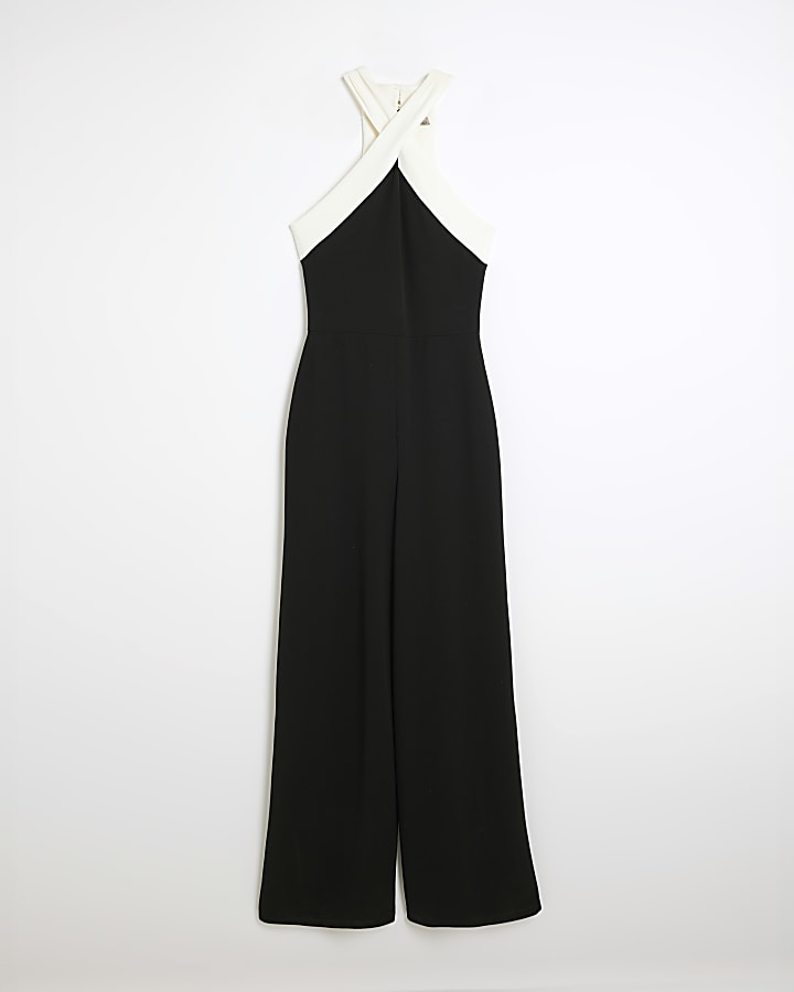 Black halter neck colour block jumpsuit