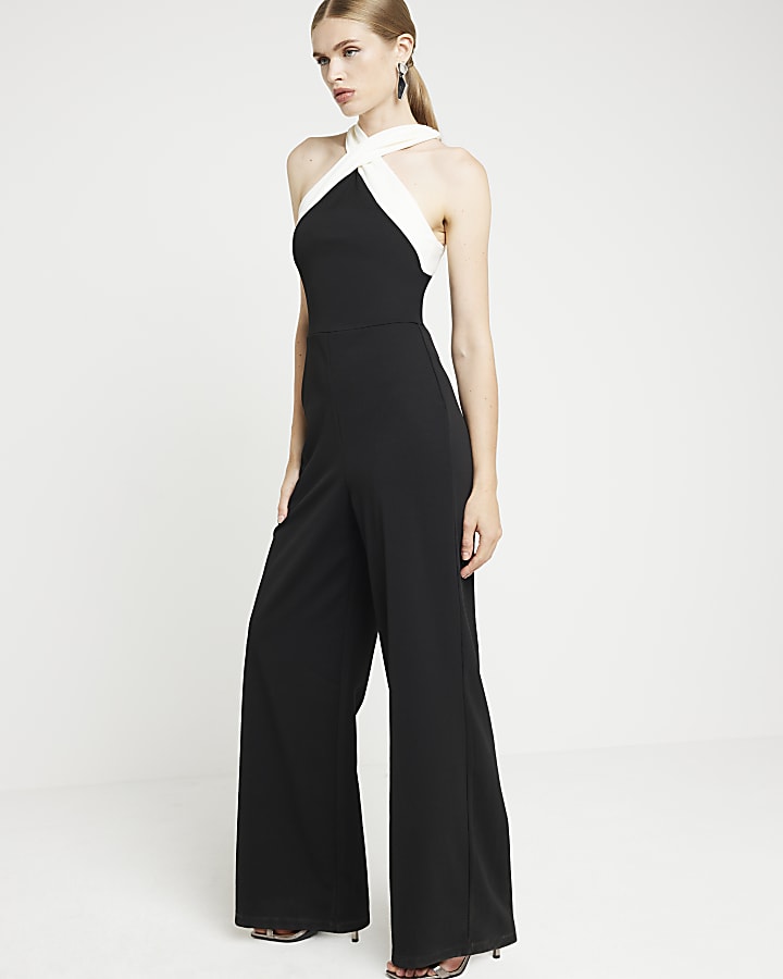 Black halter neck colour block jumpsuit