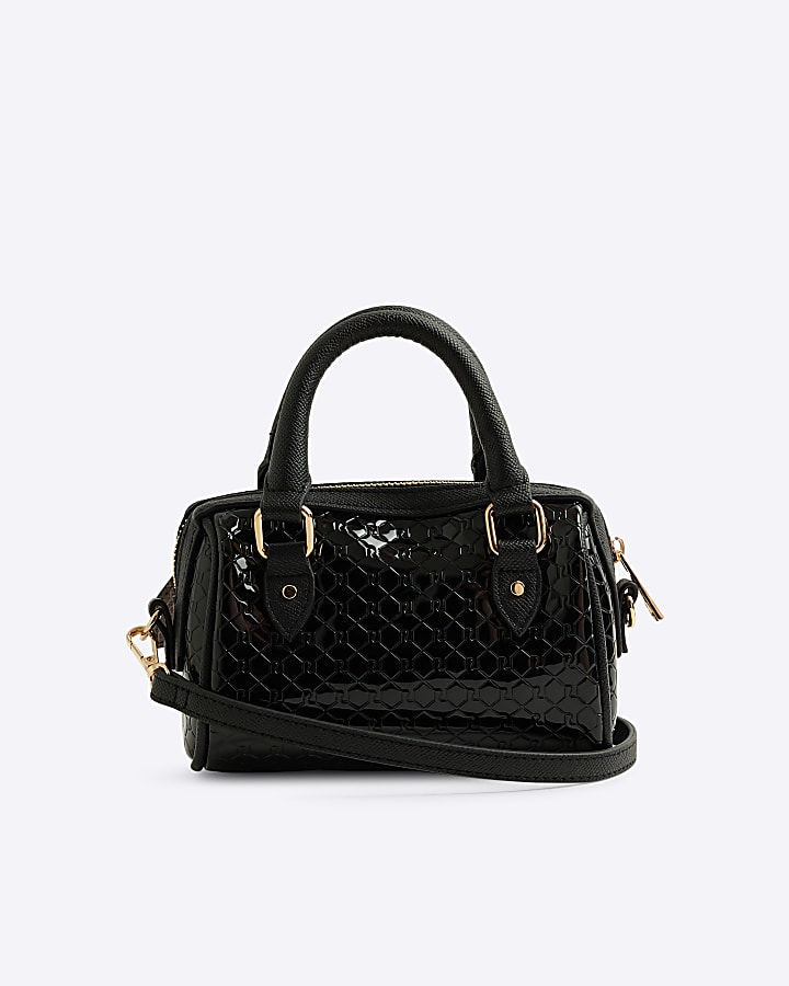 Black embossed bowler mini cross body bag