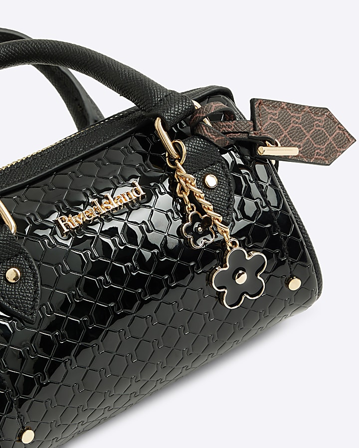 Black embossed bowler mini cross body bag