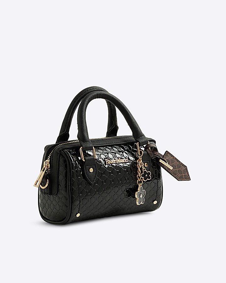 Black embossed bowler mini cross body bag