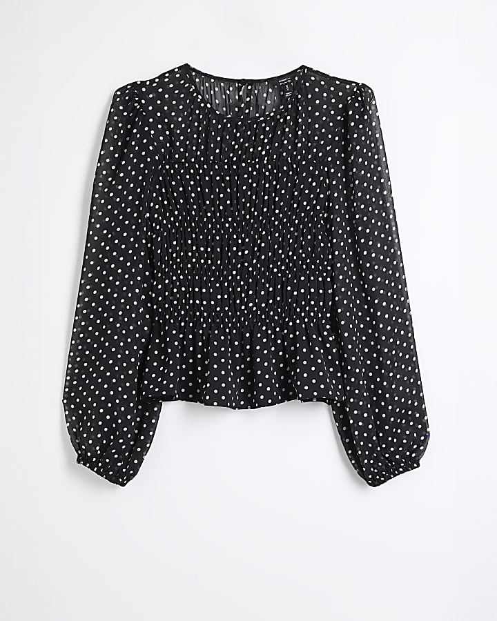 Black Spot Shirred Chiffon Blouse