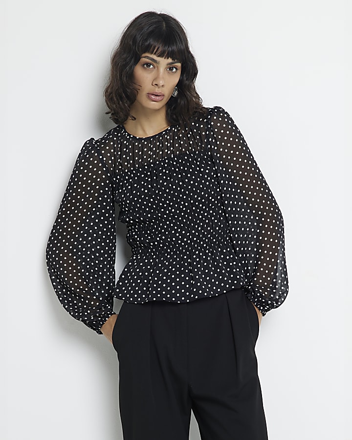 Black Spot Shirred Chiffon Blouse