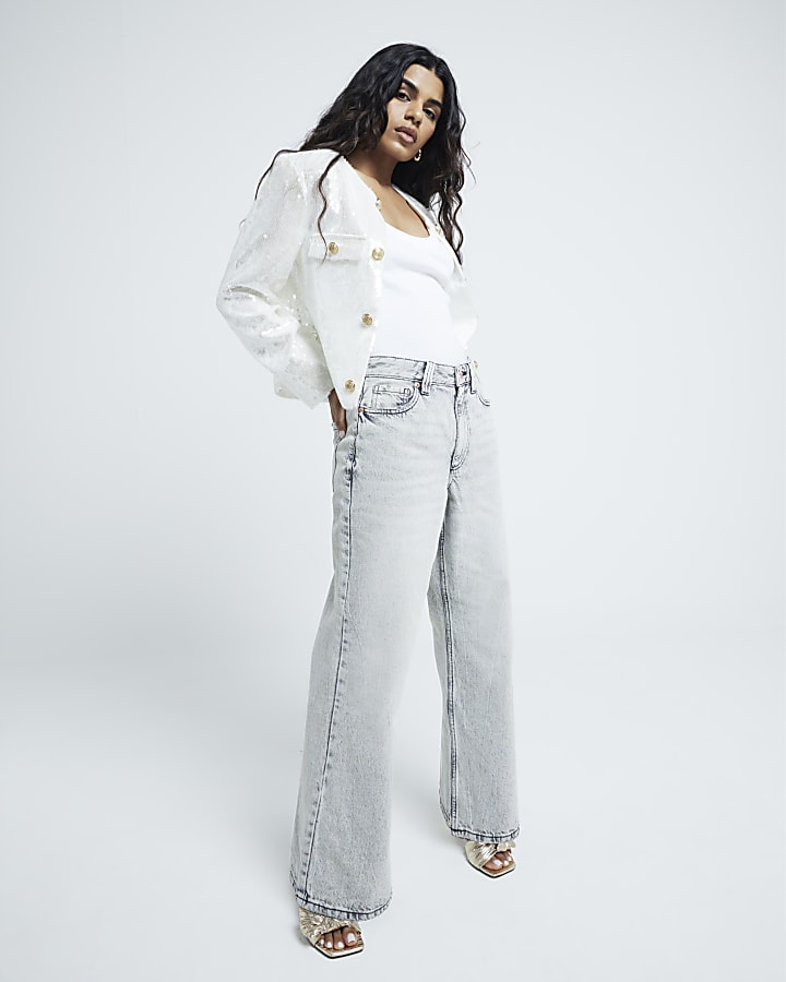 Petite Cream Collarless Sequin Button Jacket