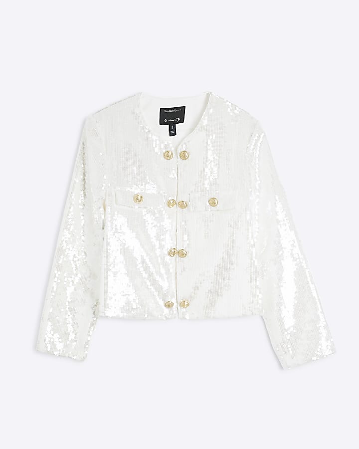 Petite Cream Collarless Sequin Button Jacket