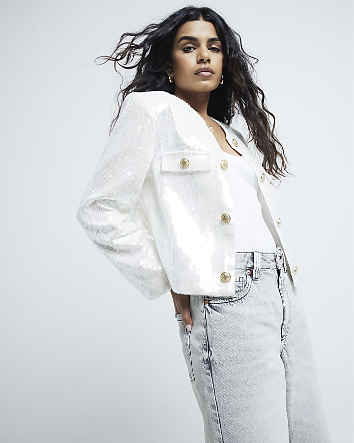 Petite Cream Collarless Sequin Button Jacket