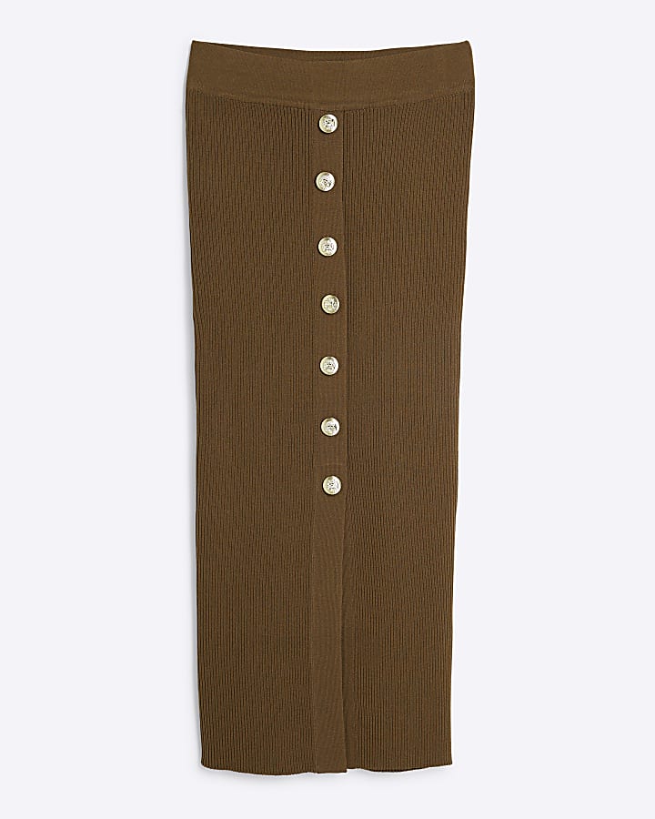 Petite Khaki Knit Button Detail Midi Skirt