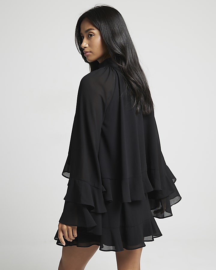 Petite Black Layered Ruffle Mini Dress