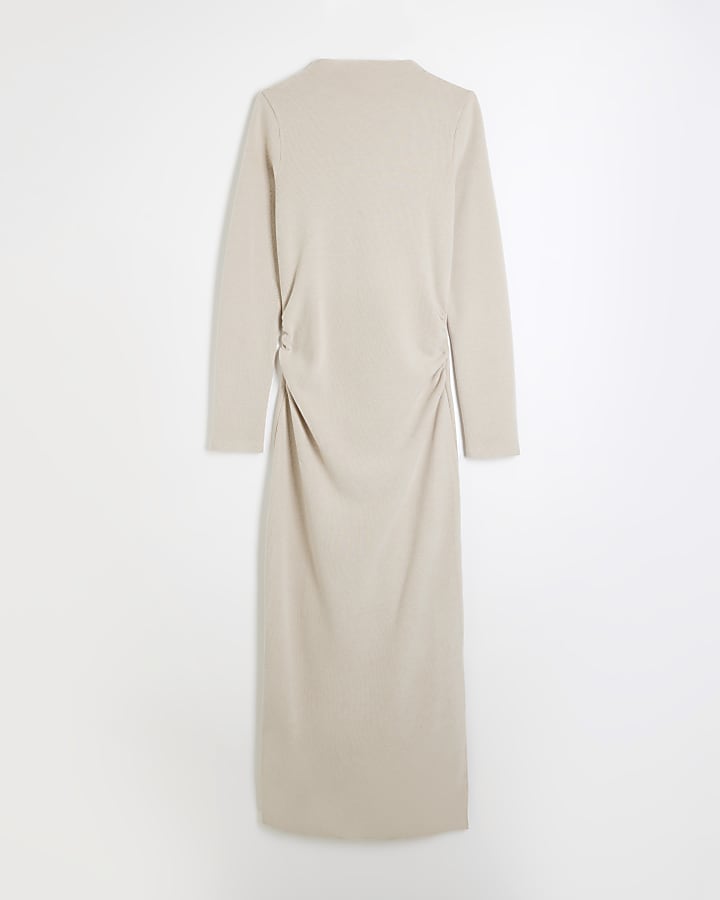 Beige Long Sleeved Ruched Midi Dress