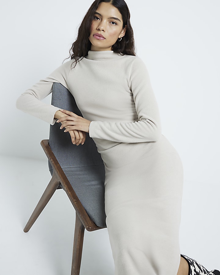 Beige Long Sleeved Ruched Midi Dress