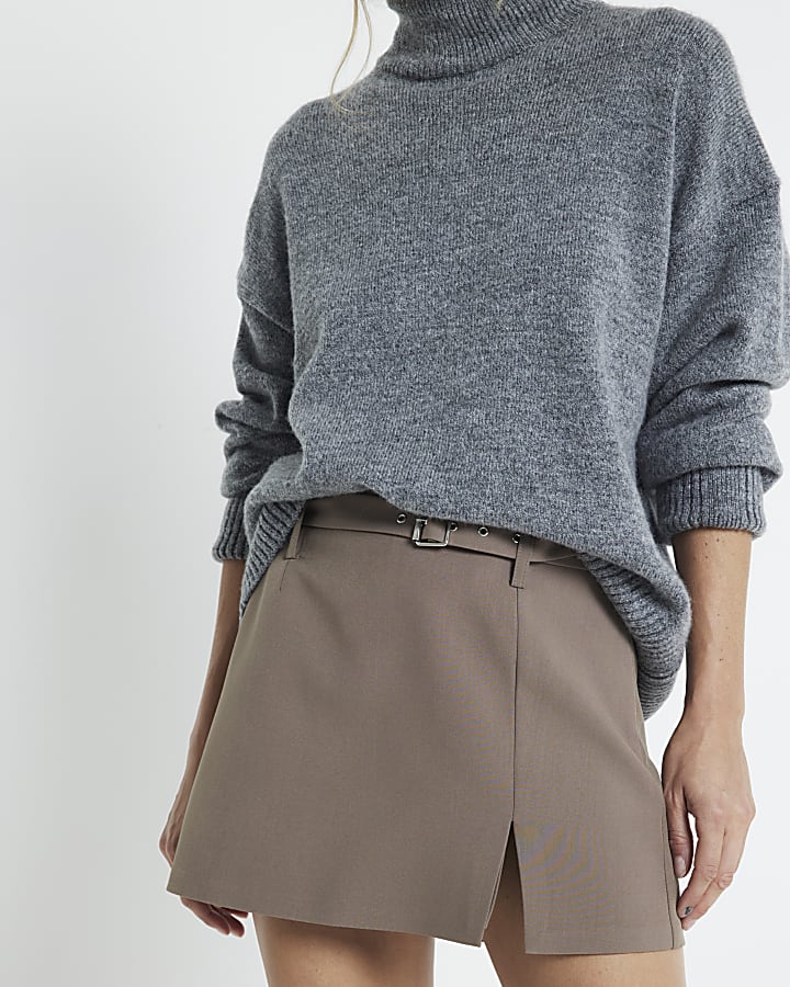 Beige Belted Wrap Skort