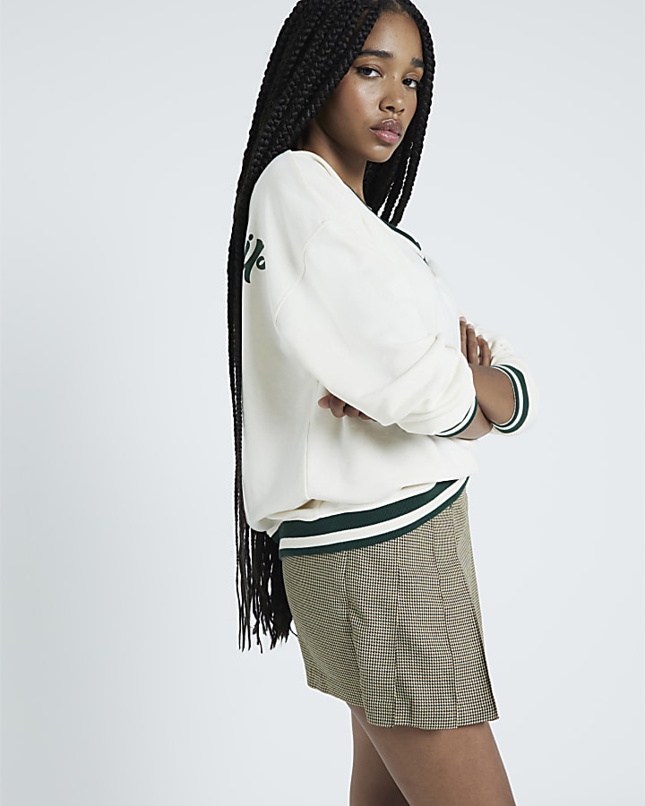 Brown Check Pleated Asymmetric Skort