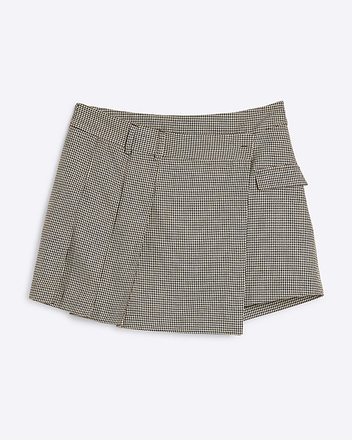 Brown Check Pleated Asymmetric Skort