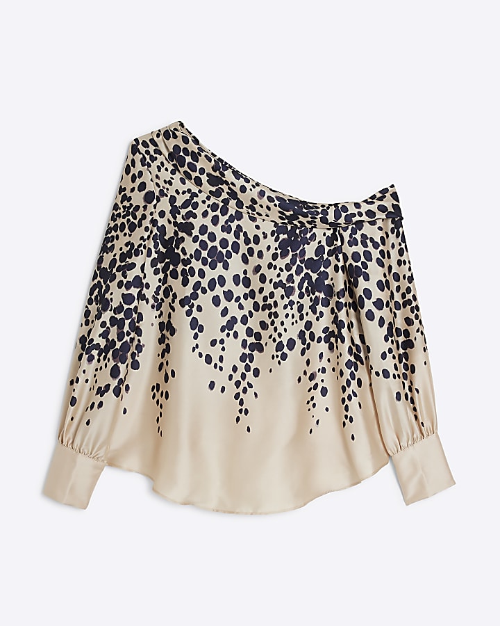 Cream satin leopard one shoulder blouse