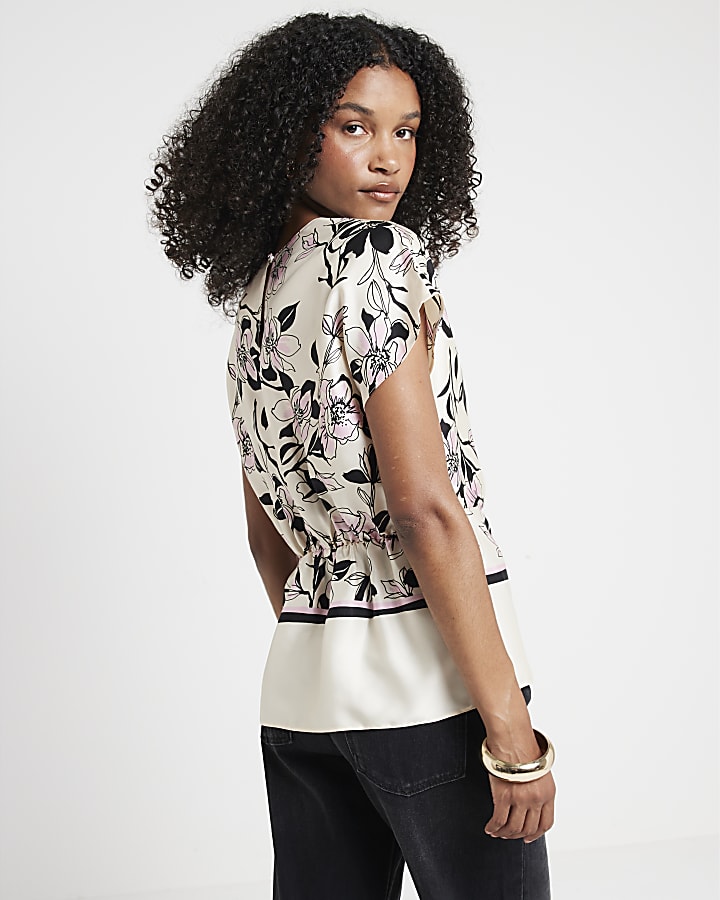 Cream satin floral twist blouse