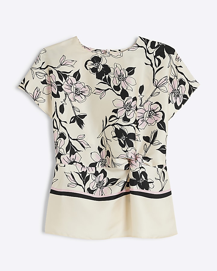 Cream satin floral twist blouse
