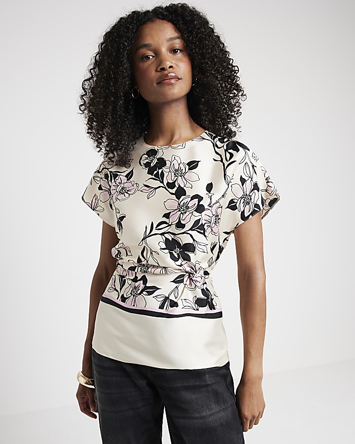 Cream satin floral twist blouse