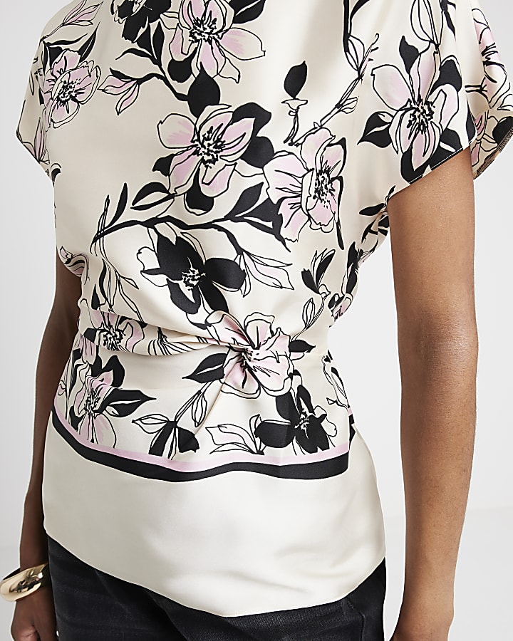 Cream satin floral twist blouse