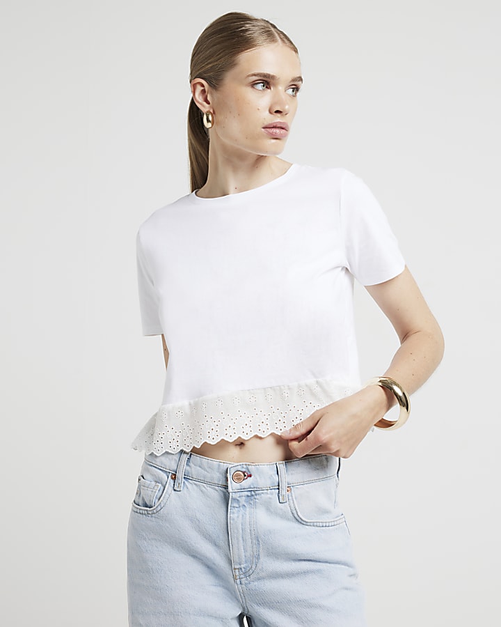 White broderie hem t-shirt