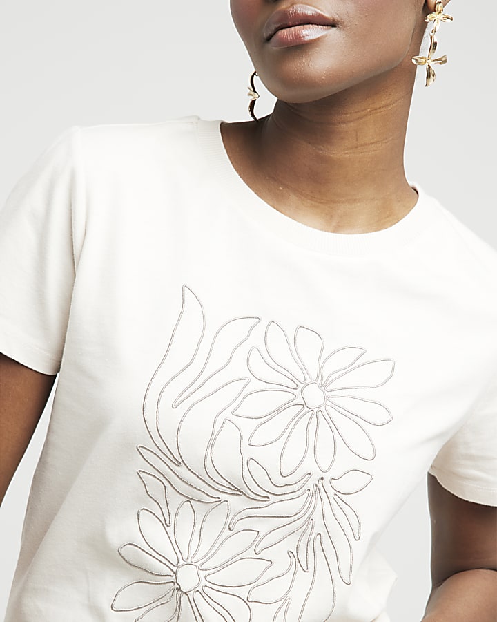 Beige embroidered floral t-shirt