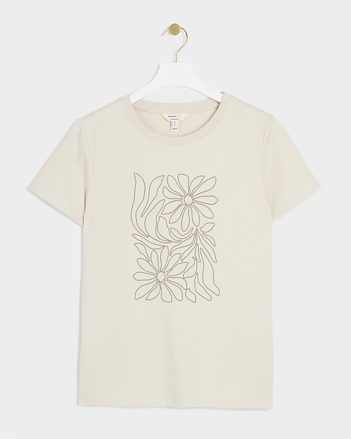 Beige embroidered floral t-shirt