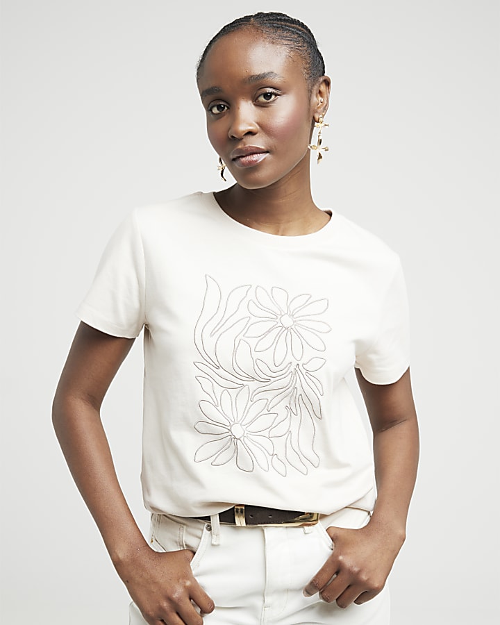 Beige embroidered floral t-shirt