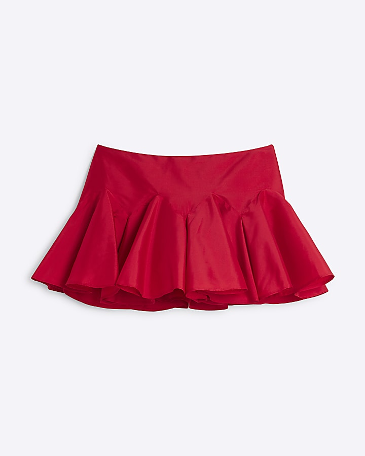 Red Pleated Sateen Mini Skort