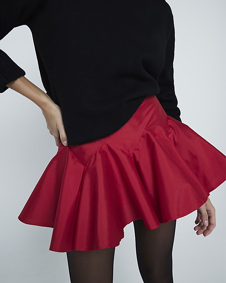 Red Pleated Sateen Mini Skort