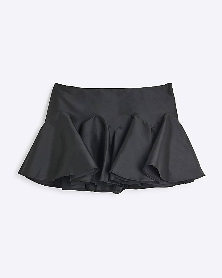 Black Pleated Sateen Mini Skort