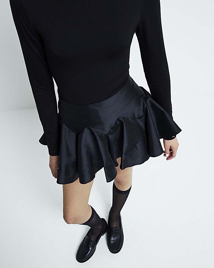Black Pleated Sateen Mini Skort