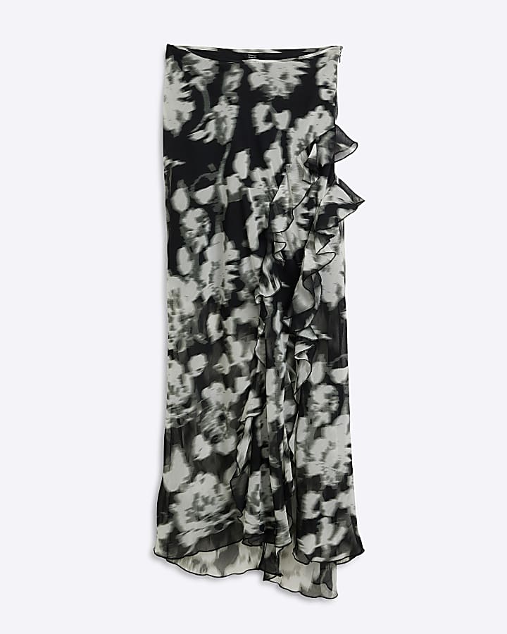 Black chiffon floral frill maxi skirt