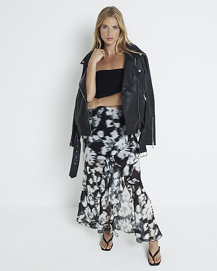 Black chiffon floral frill maxi skirt