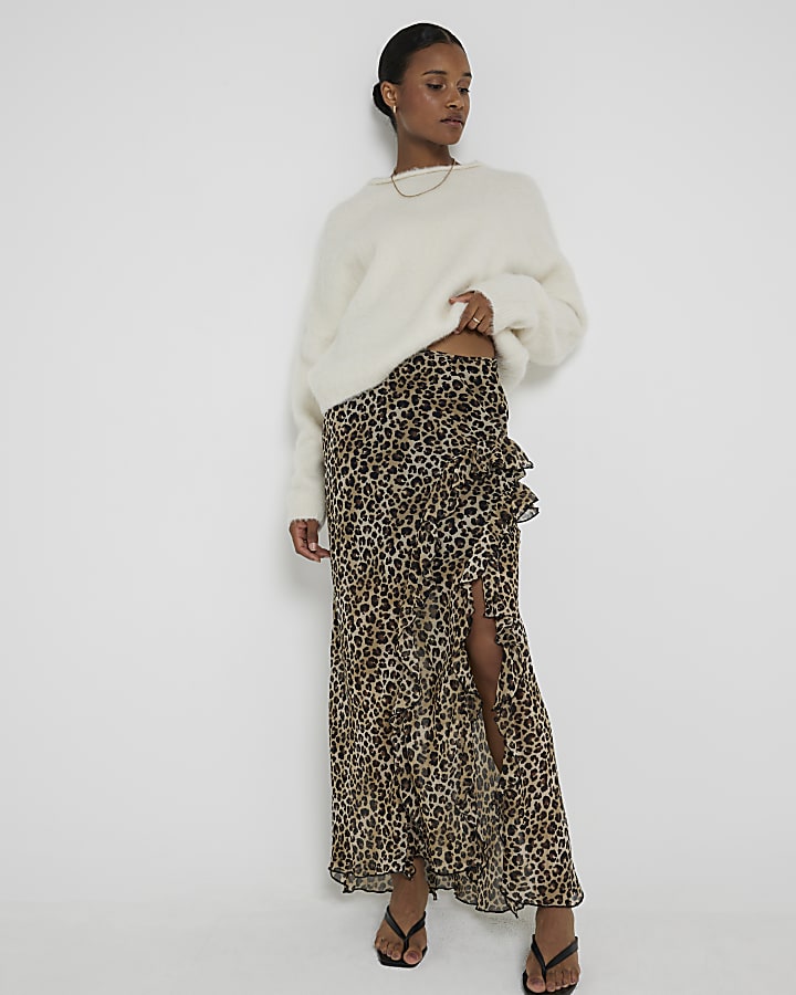 Brown chiffon leopard frill maxi skirt