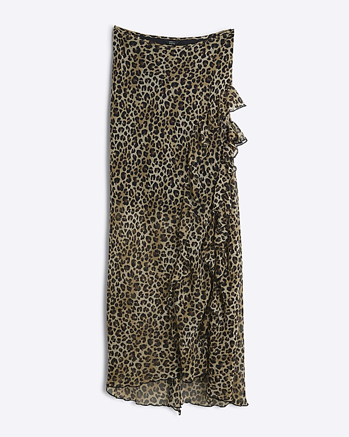 Brown chiffon leopard frill maxi skirt