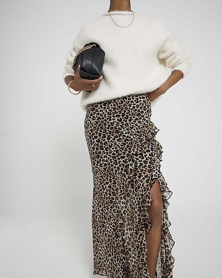 Brown chiffon leopard frill maxi skirt